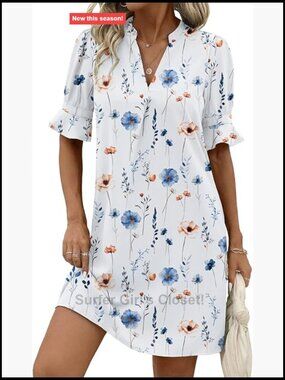 V Neck Ruffle Sleeve Shift Dress with Pockets Summer Beach Vacation